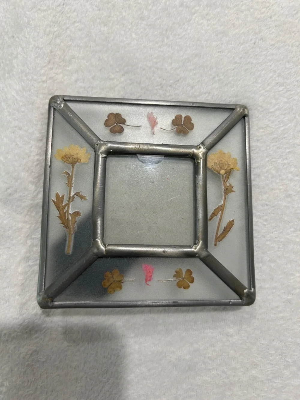 Vintage Lead & Glass Square Picture Frame with Dried Pressed Flower Rustic Charm